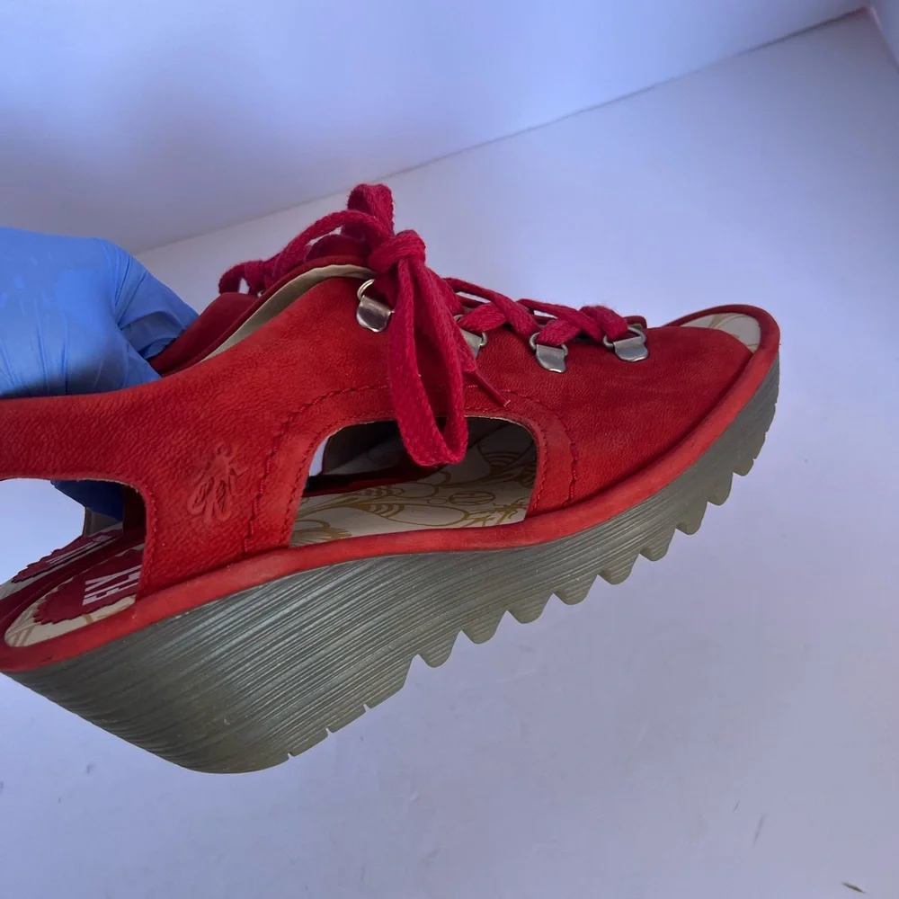 Fly London Red Suede Lace-Up Wedge Sandals